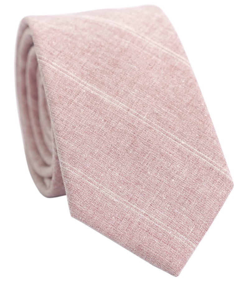 BELLUNO 2.5 inch Skinny Tie for Men, Cotton Linen Slim Neckties Beige Pink Striped - Image 1
